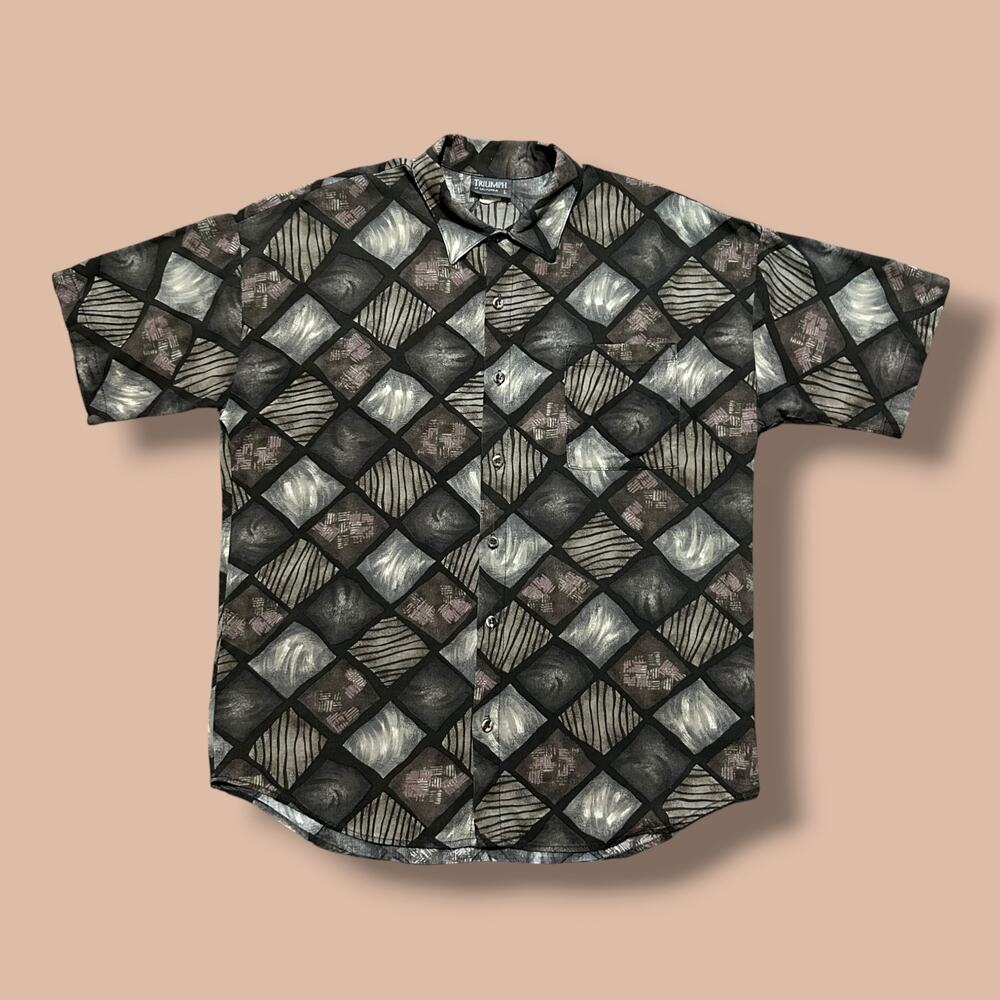 Vintage 80s Button Up Shirt Abstract Print Diamond Pattern Geometric Rayon Large
